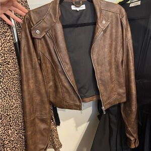 WeWoreWhat Brown Faux Leather Cropped Moto Jacket
